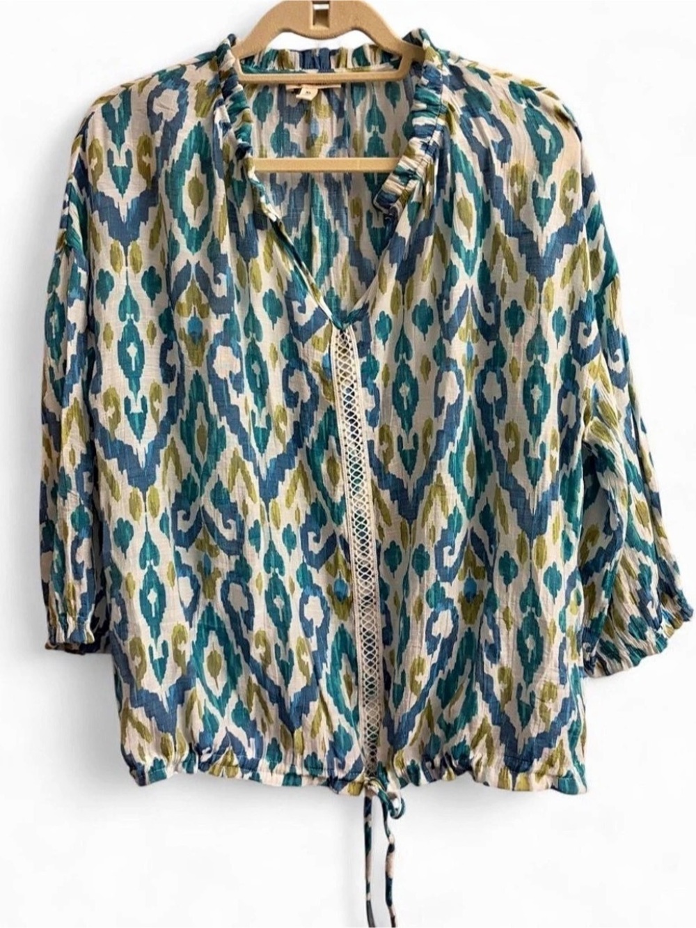 Como Blu Geometric Blouse in Blue & Green XL